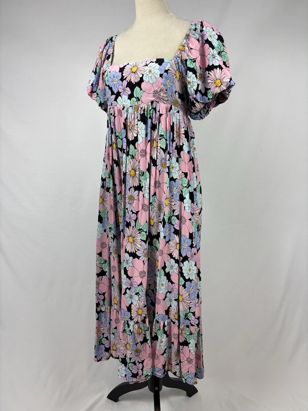 Storia Maxi Dress Black Bright Pastel Floral Print Small Puff Sleeve Smocked